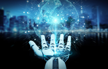 White cyborg hand using planet Earth interface 3D rendering