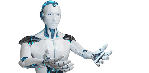 White male cyborg opening his two hands isolated on white background 3D rendering