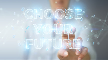 Businesswoman using future text interface 3D rendering