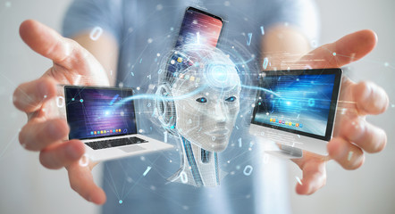 Businessman using white humanoid controlling modern devices 3D rendering