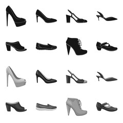 Vector design of footwear and woman logo. Set of footwear and foot stock symbol for web.