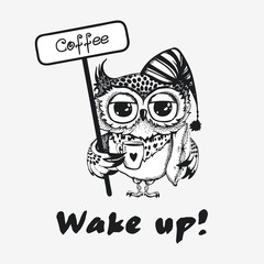 Hand drawn owl with cup of coffee.