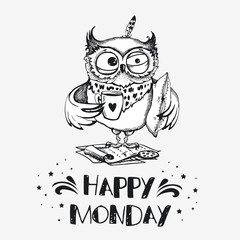 Hand drawn owl with cup of coffee.