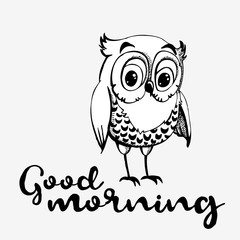 Hand drawn owl with cup of coffee.