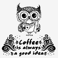 Hand drawn owl with cup of coffee.