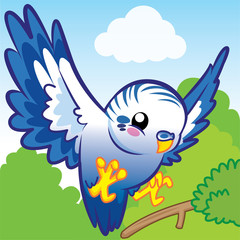 A Blue Parakeet in Flight, cute cartoon, cute vector