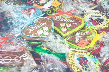 Souvenir gingerbread of different shapes on one of the traditional market in Cracow, Poland.