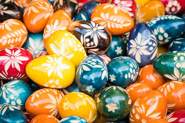 Traditional easter wooden eggs at local market.