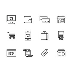 Vector icon set internet and mobile shopping, online store, mobile app for online payment by credit card or cash payment. Outline vector set online shopping and payment.