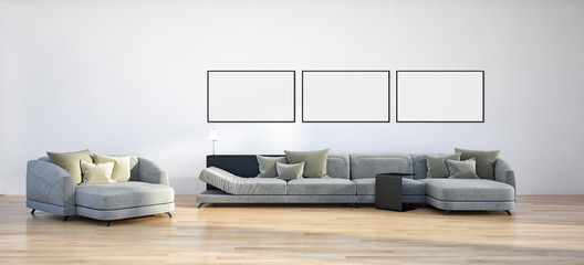 Modern bright interiors apartment with mock up poster frame illustration 3D rendering computer generated image