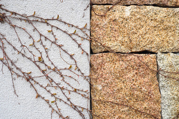 Detailed textured background of beige cracked stone wall 