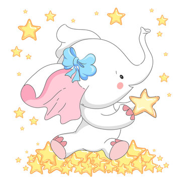 Cute white elephant illustration with moon and stars