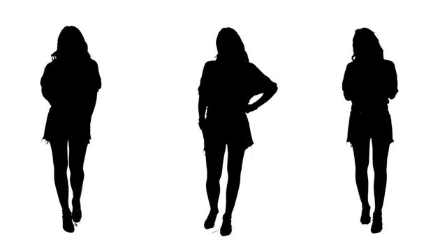 Set of woman lifestyle silhouettes talking laughing and with crossed arms isolated on white background.