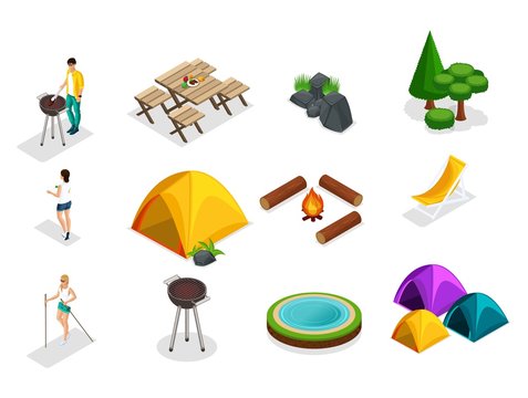 Isometric Set of camping icons, trees, tents, characters on vacation, campfire, Scandinavian walk, table, stones, lake