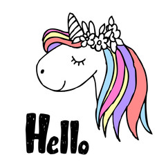 Unicorn cute character with hand written lettering