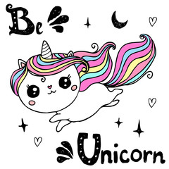 Unicorn cute character with hand written lettering