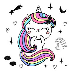 Unicorn cute character with hand written lettering