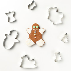 Christmas cookies various shape cutter on white background with copy space. Top view. Flat lay. Christmas concept