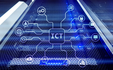 ICT - information and communications technology concept on server room background.