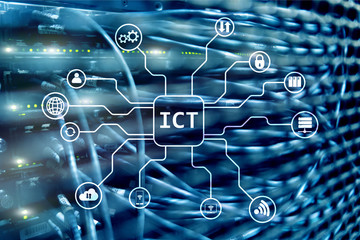 ICT - information and communications technology concept on server room background.