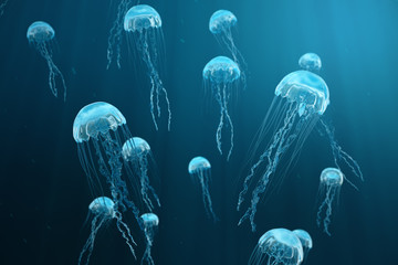 Fototapeta premium 3D ilustracji tle meduzy. Meduza pływa w oceanie, światło przechodzi przez wodę, tworząc efekt promieni objętościowych. Niebezpieczne niebieskie meduzy