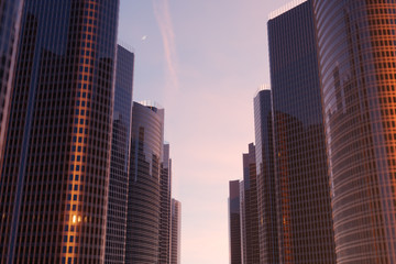 Fototapeta premium 3D illustration Low angle view of skyscrapers. Skyscrapers at sunset looking up perspective. Bottom view of skyscrapers in business district in evening light or sunset. Business concept of success