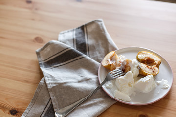  Delicious breakfast in a rustic style. Snack from apples. Baked apples with creamy ice cream