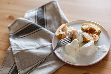  Delicious breakfast in a rustic style. Snack from apples. Baked apples with creamy ice cream