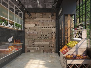 Interior design of a delicatessen grocery store. Loft style. The trading equipment with cheese, wine, fruit. 3D visualization.