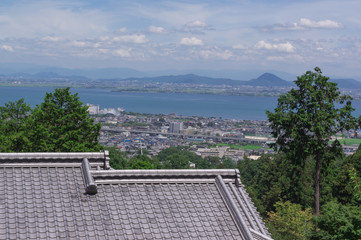 Aerial view of Lake Biwa and cityscape with summer color, Japan
