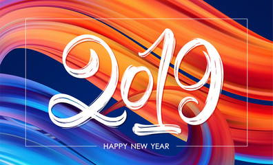 Vector illustration: Hand drawn brush stroke lettering of 2019 on adstract background. Happy New Year.