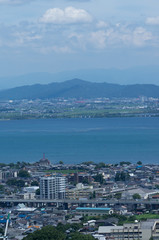 Aerial view of Lake Biwa and cityscape with summer color, Japan