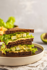 Vegan green sandwiches with hummus, baked vegetables and avocado.
