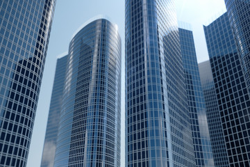 Plakat 3D illustration Low angle view of skyscrapers. Skyscrapers at in day looking up perspective. Bottom view of skyscrapers in business district in daylight. Business concept of success