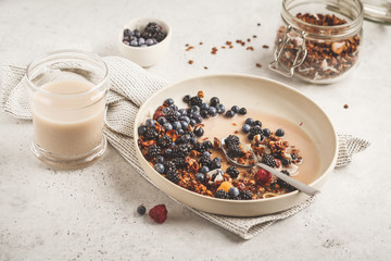 Homemade granola with nuts and coconut with berries and milk in a white plate.
