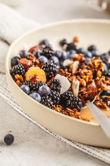 Homemade granola with nuts and coconut with berries and milk in a white plate.