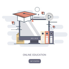 On line education, training, on line tutorial, e-learning concept. Flat vector illustration.