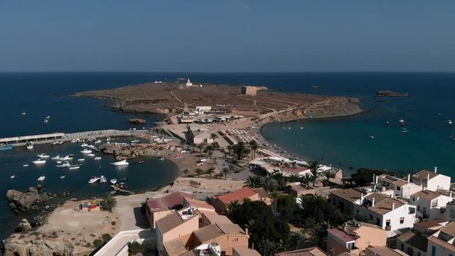 Aerial view of beach and harbor of Tabarca Island. Spain