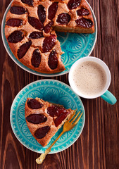 Plum cake, sliced on plate