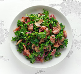Homemade Kale Mushrooms, Bacon salad with chilli and balsamic vinegar dressing