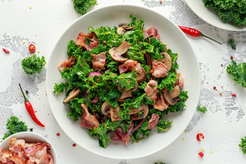 Homemade Kale Mushrooms, Bacon salad with chilli and balsamic vinegar dressing