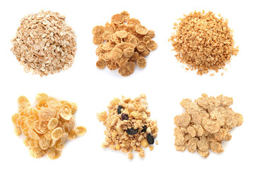 Set with breakfast cereals on white background, top view. Healthy whole grain recipe