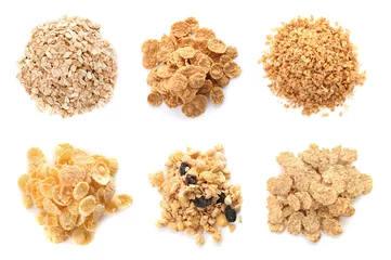 Foto op Canvas Set with breakfast cereals on white background, top view. Healthy whole grain recipe © New Africa