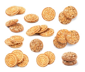 Set with grain cereal cookies on white background. Healthy snacks