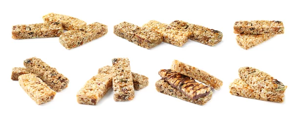 Gordijnen Set with grain cereal bars on white background. Healthy snacks © New Africa