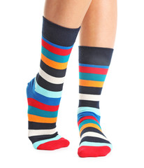 Woman in stylish socks on white background, closeup