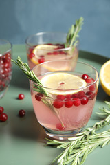 Tasty refreshing cranberry cocktail with rosemary on table