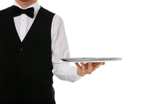 Waiter holding metal tray on white background, closeup