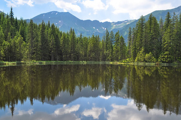 Lake reflecting forest and mountains under cloudy sky