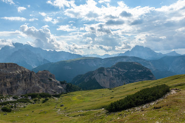 Fototapeta premium Rugged Mountain Ranges in Tre Cima Natural Park Area in the Italian Dolomites.